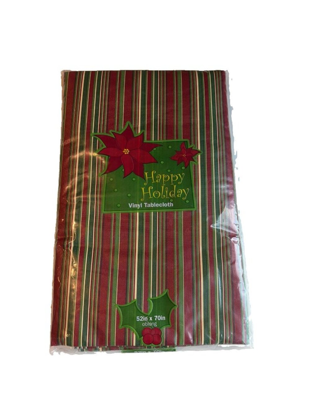 Vintage Happy Holiday Striped Tablecloth Flannel Backed Vinyl Rectangle 52x70”
